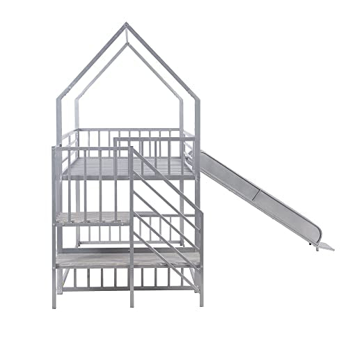 Twin Over Twin Metal Bunk Bed with Slide and Storage Staircase Y963