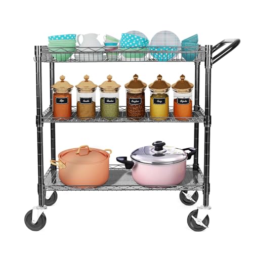 3 Tier Wire Rolling Utility Cart with Wheels and Handle Bar D93878