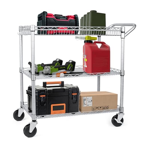 3 Tier Wire Rolling Utility Cart with Wheels and Handle Bar D93878