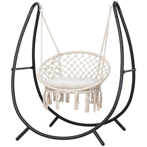 Macrame Hammock Chair with Stand, Heavy Duty Hanging Chair Stand, Includes Seat Cushion, Max 400 Lbs, Natural Y588754