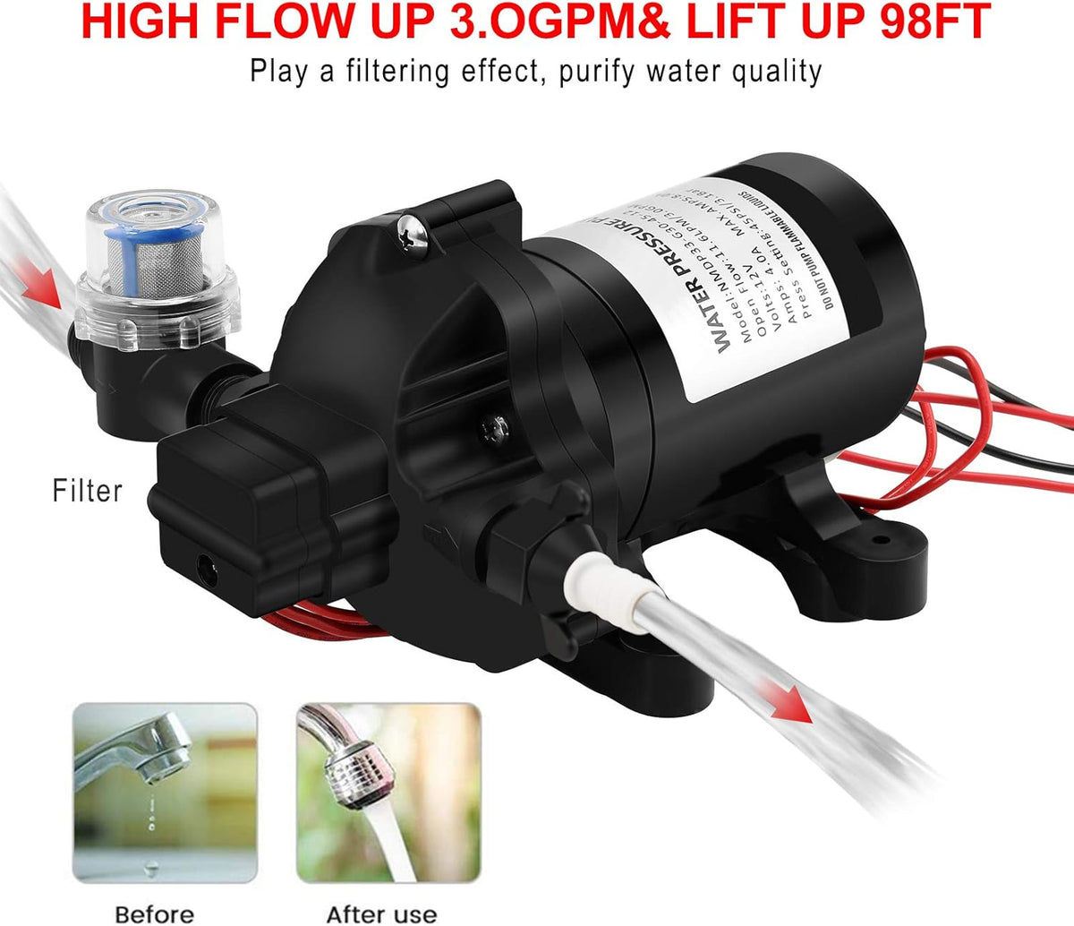 12v 3.0 GPM 45 PSI Water Diaphragm Pump with Water Filter R46085