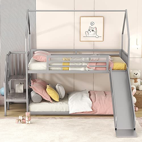 Twin Over Twin Metal Bunk Bed with Slide and Storage Staircase Y963