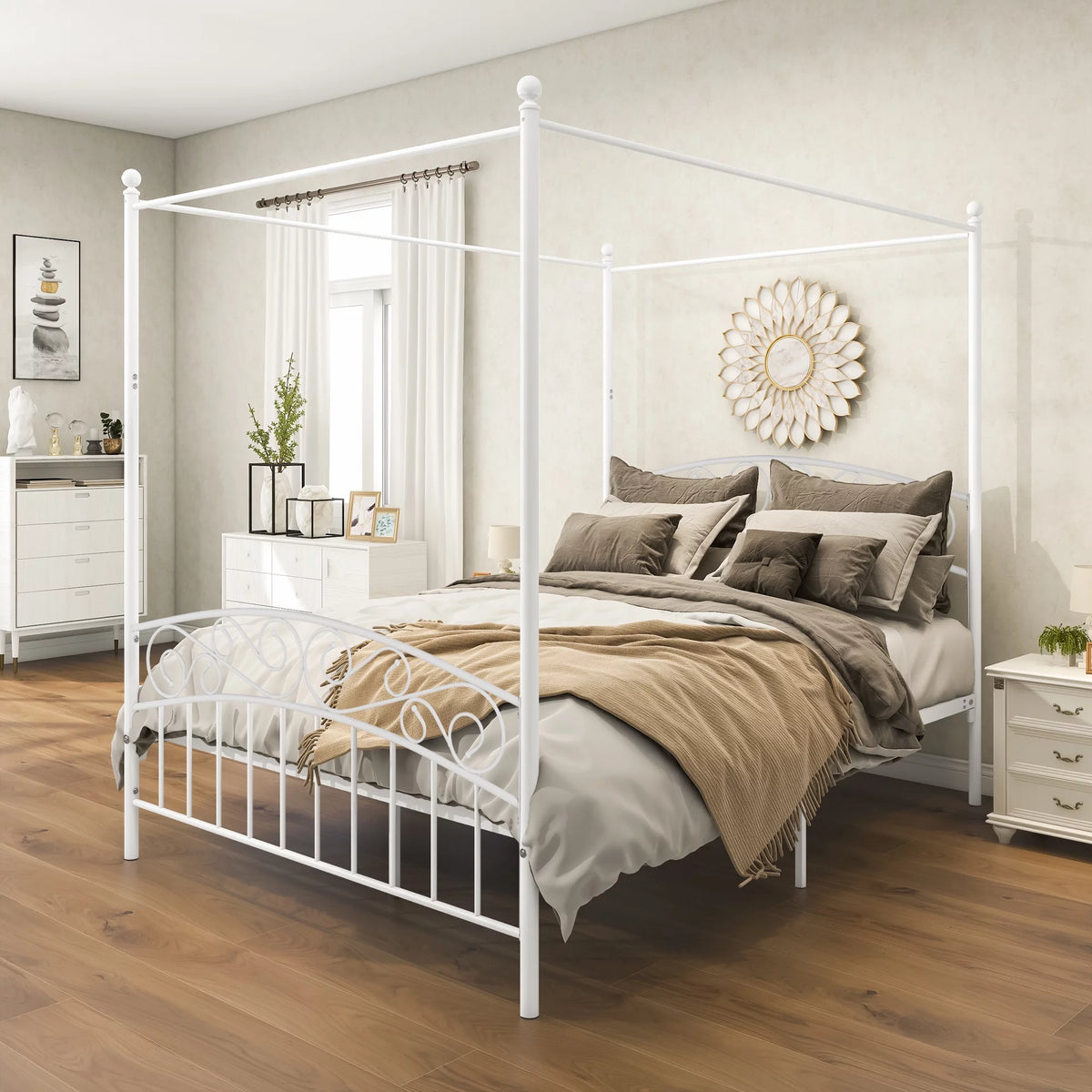 Queen Size Black Metal Canopy Bed Frame with Headboard C8429