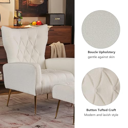 White Upholstered Boucle High Wingback Armchair with Gold Metal Legs F44254
