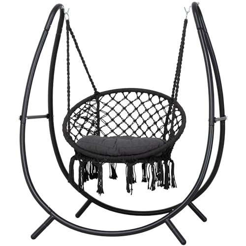 Macrame Hammock Chair with Stand, Heavy Duty Hanging Chair Stand, Includes Seat Cushion, Max 400 Lbs, Natural Y588754