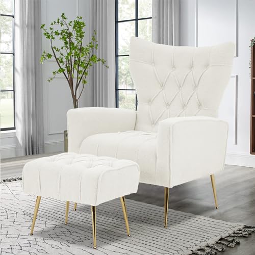 White Upholstered Boucle High Wingback Armchair with Gold Metal Legs F44254