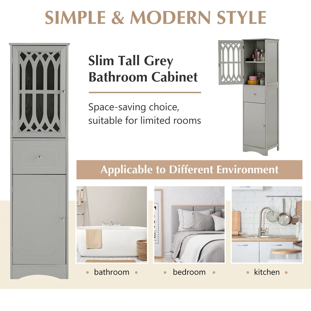 Tall Bathroom Storage Cabinet with Doors Drawers Wood Floor Freestanding Organizer I47954