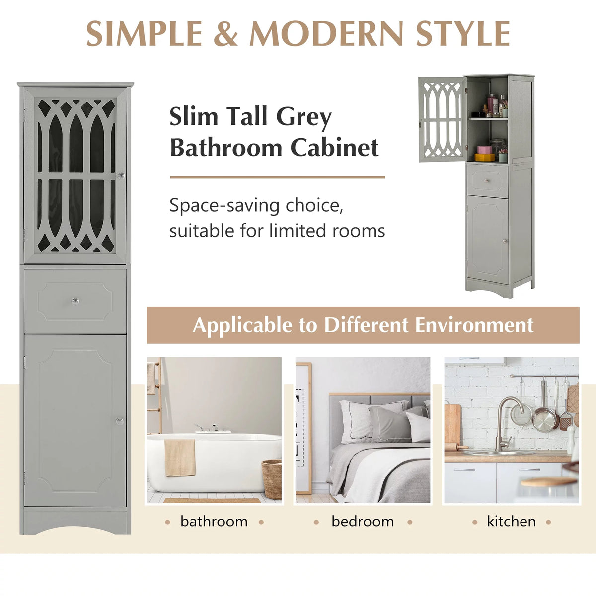 Tall Bathroom Storage Cabinet with Doors Drawers Wood Floor Freestanding Organizer I47954