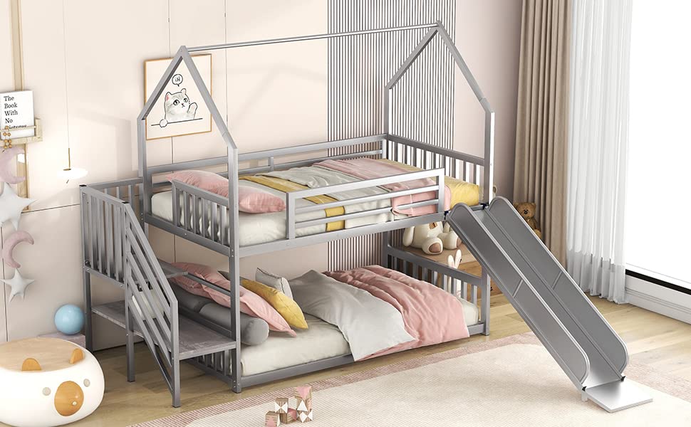 Twin Over Twin Metal Bunk Bed with Slide and Storage Staircase Y963