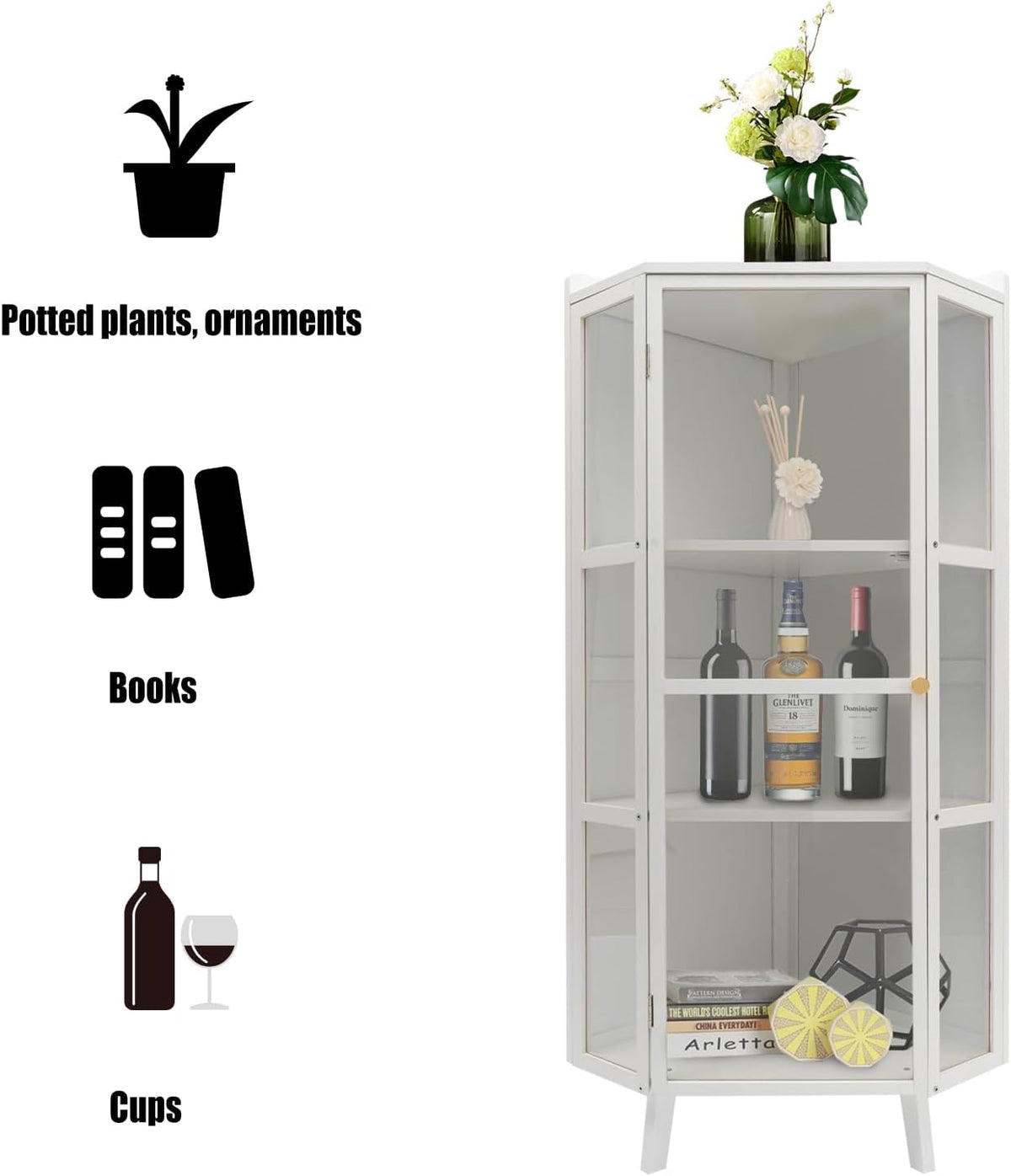 White 3-Tier Corner Storage Cabinet with Clear Door Z44216
