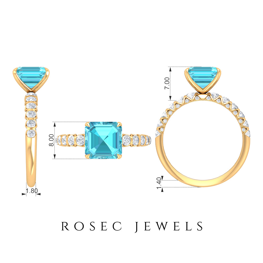 3.75 CT Swiss Blue Topaz Solitaire Ring with Diamond Side Stones, 925 Sterling Silver, US 4.00 P1633