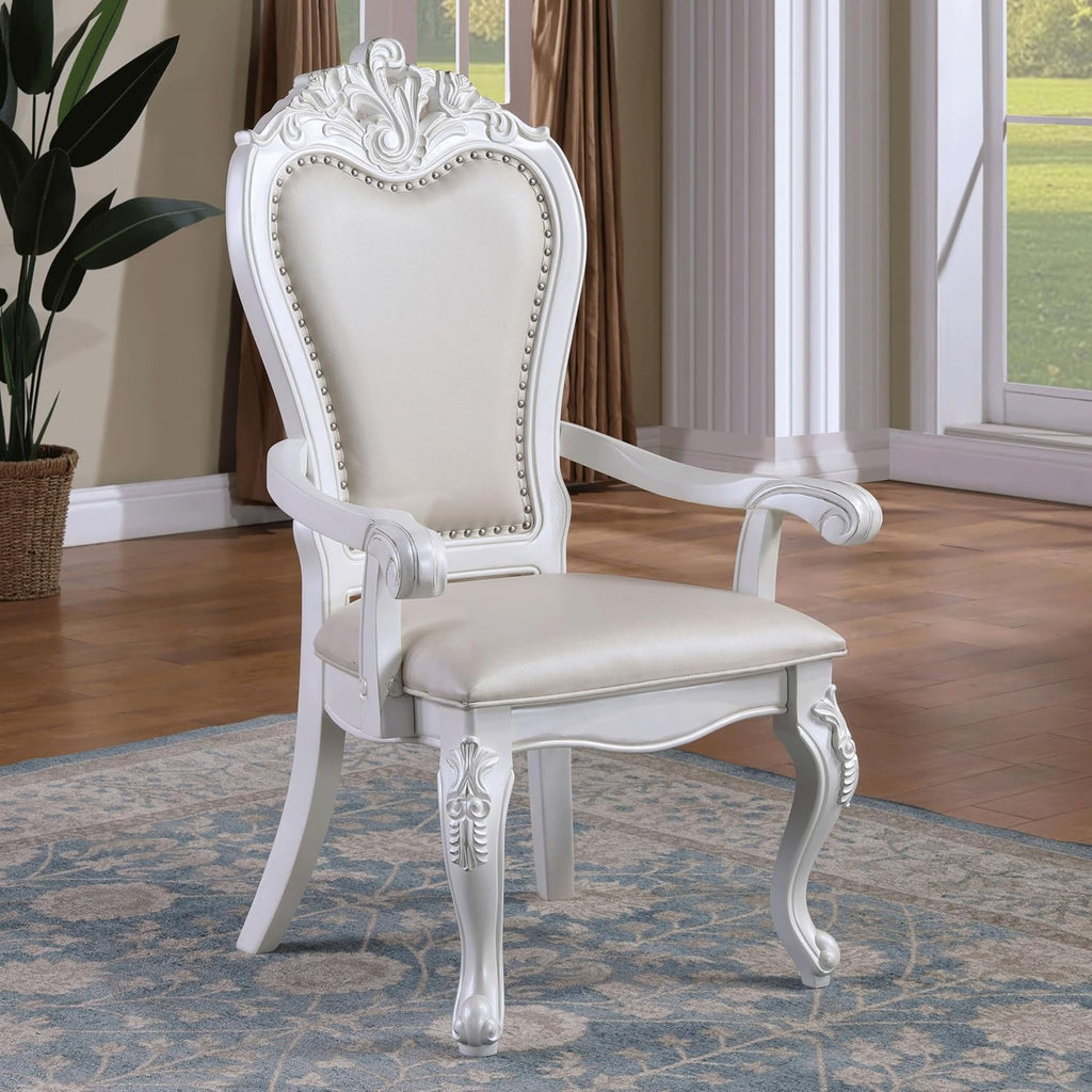 Solid Wood 7-Piece Dining Set with Expandable Table and 6 Leather Padded Side Chairs, White O461053