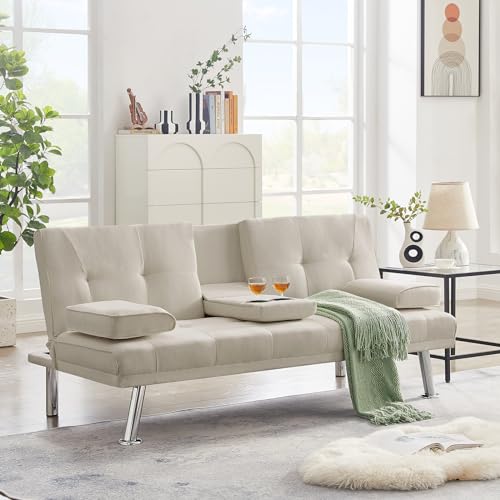 Futon Sofa Bed with Removable Armrests and 2 Cup Holders D545986
