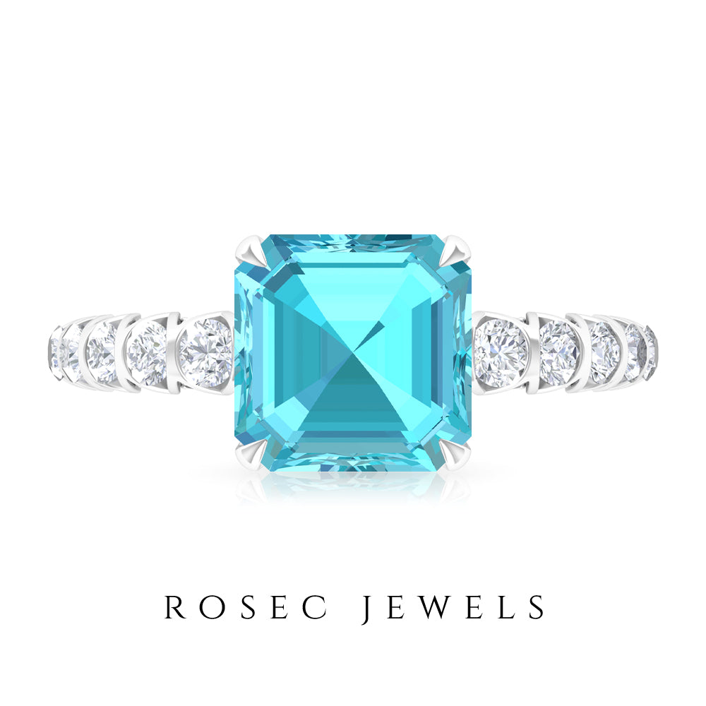 3.75 CT Swiss Blue Topaz Solitaire Ring with Diamond Side Stones, 925 Sterling Silver, US 4.00 P1633