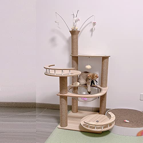 Wooden Large Cat Tree Floor to Ceiling Cat Tower Height Adjustable with Natural Sisal Rope Scratching Post Cozy Bed J840774