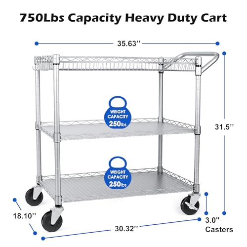 3 Tier Wire Rolling Utility Cart with Wheels and Handle Bar D93878