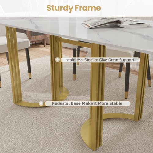 63" White Marble Dining Table with Gold Trestle Pedestal W6016