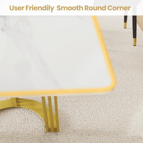 63" White Marble Dining Table with Gold Trestle Pedestal W6016