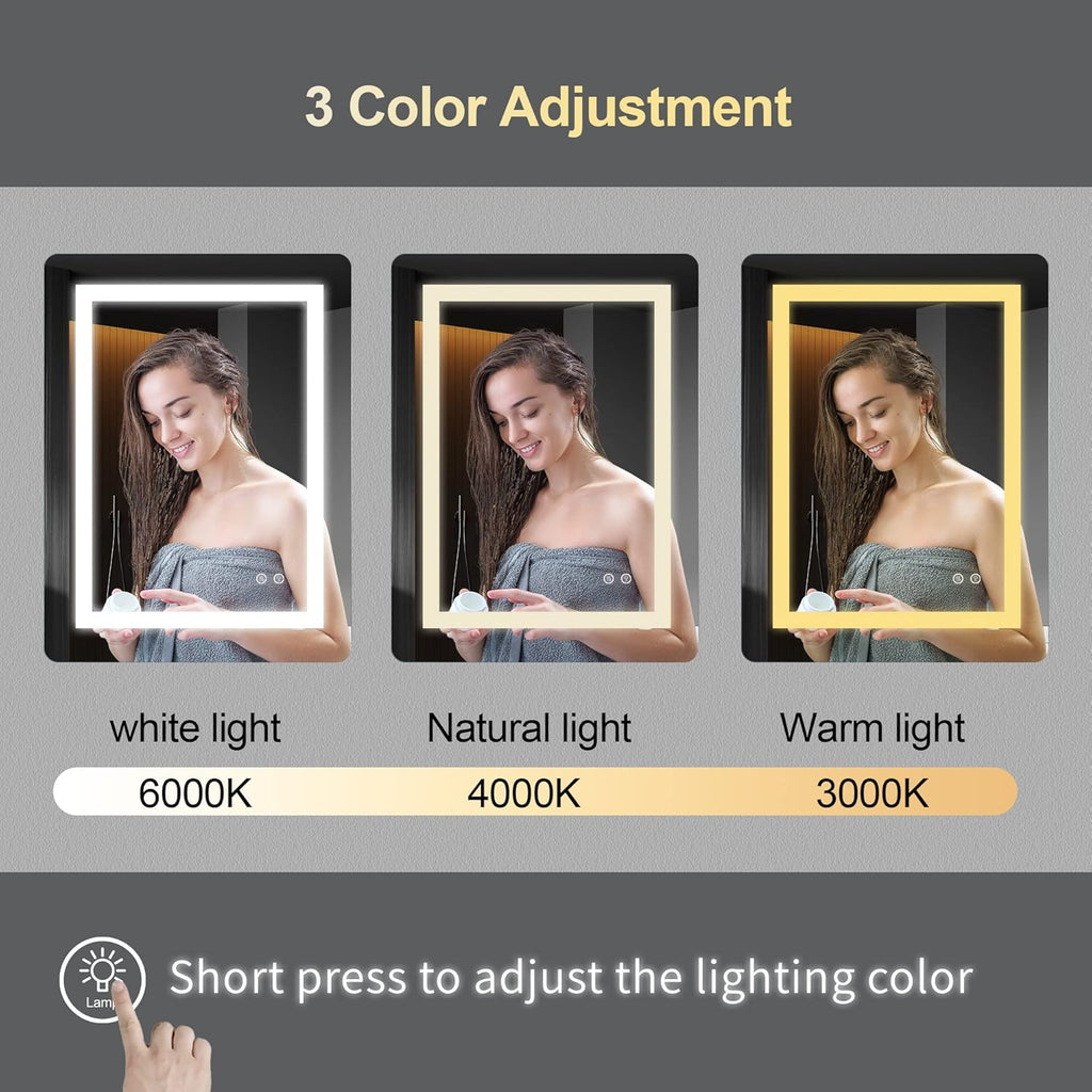 LED Mirror, 24x32 Inch Lighted Bathroom Mirror with Lights, Anti Fog, Dimmable, 3 Lighting Temperature Setting A875