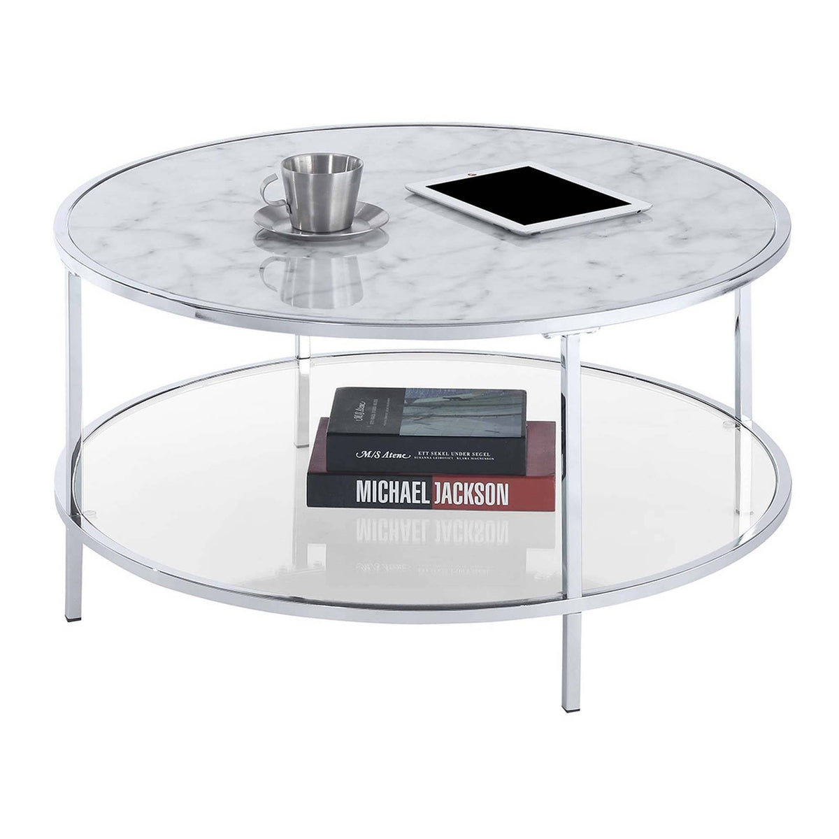 Round Coffee Table White Faux Marble Chrome Y329