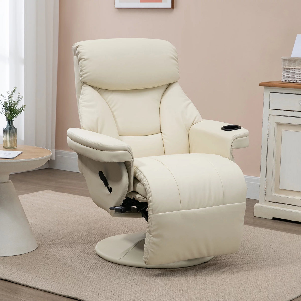 Cream White Manual Recliner Swivel Armchair with Cup Holder M4355