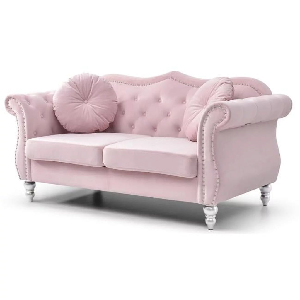Pink Velvet Chesterfield Loveseat with 2-Throw Pillow O799