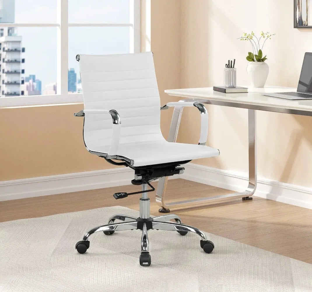 White Ribbed Back PU Leather Office Chair D269