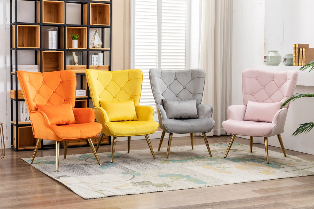 Yellow Velvet Wing Back Accent Chair with Pillow Z82364