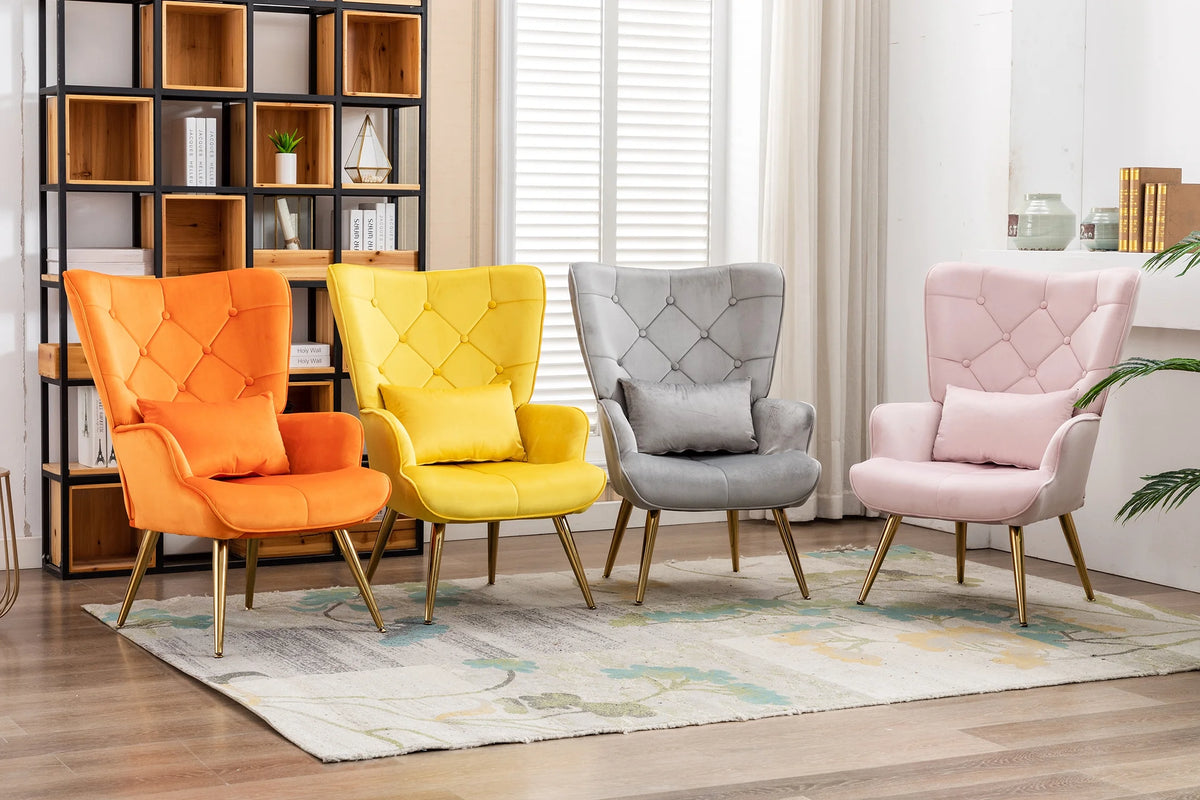 Yellow Velvet Wing Back Accent Chair with Pillow Z82364