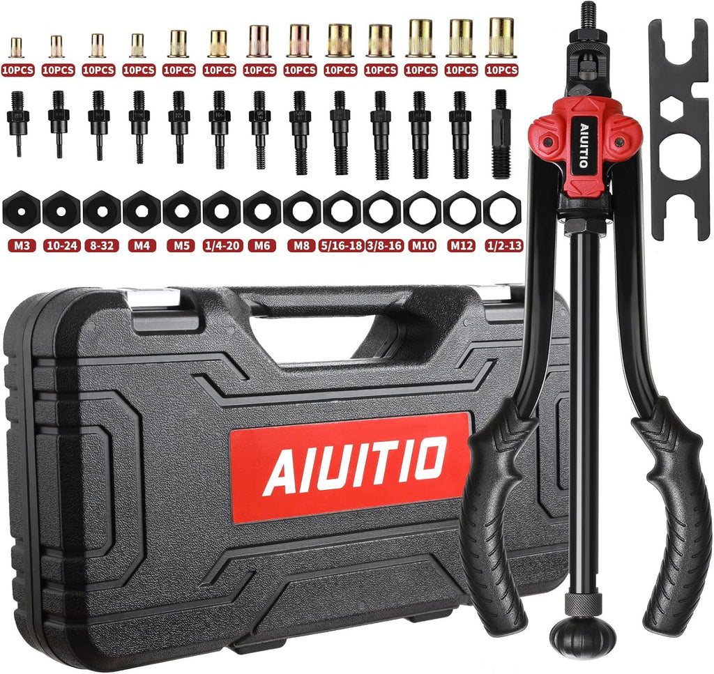 14'' Rivet Nut Tool Set Kit with 13PCS Metric & Inch Mandrels, 130PCS Rivet Nuts, Plastic Case F782