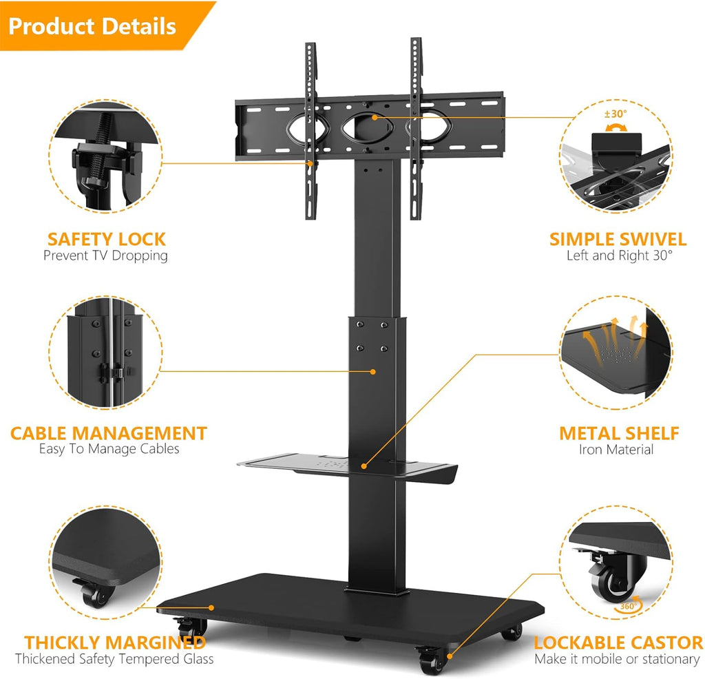 Tall Rolling Floor TV Stand with Lockable Caster Wheels and Shelves, Black A726613