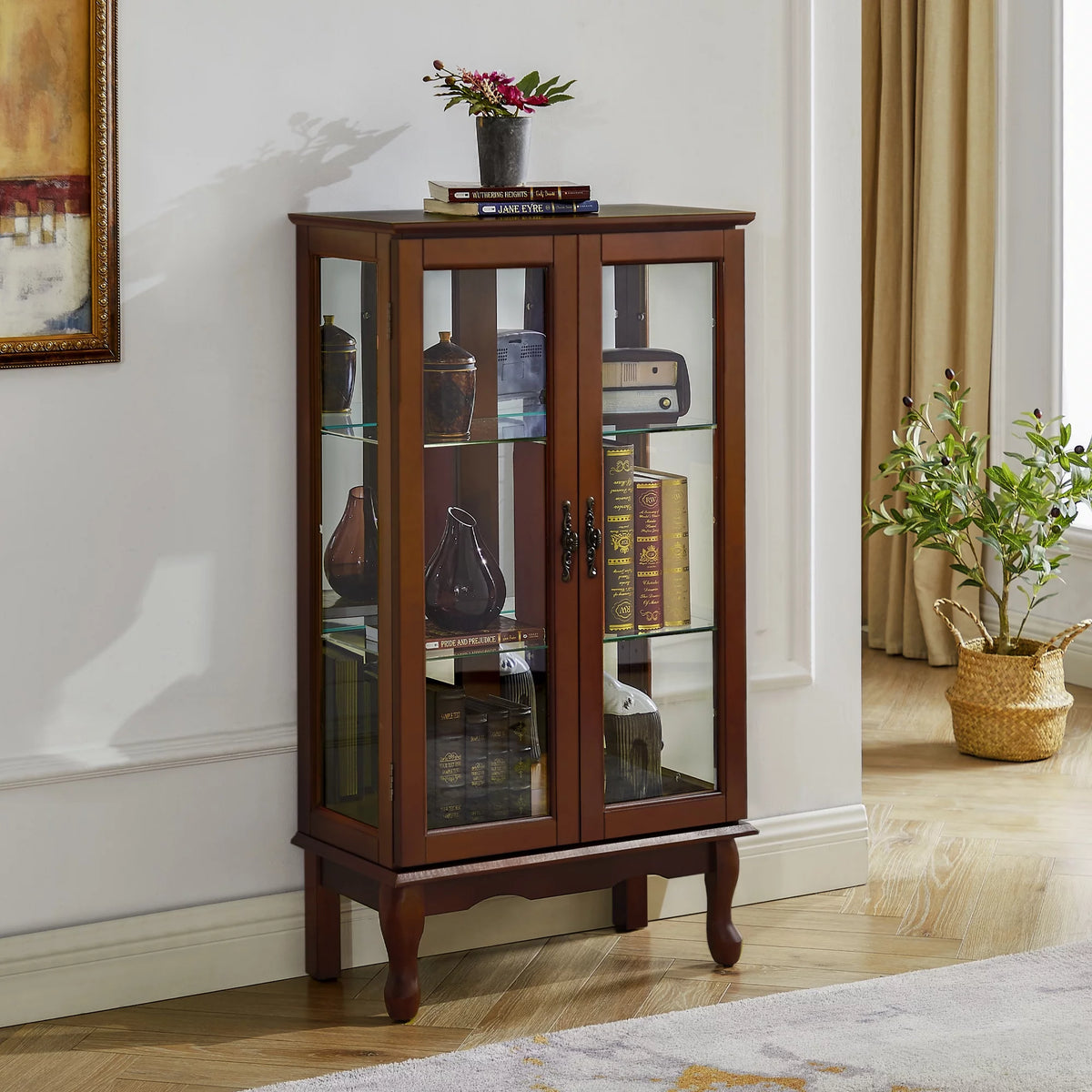 3 Shelf Lighted Curio Cabinet with Adjustable Shelves and Mirrored Back Panel Q81326