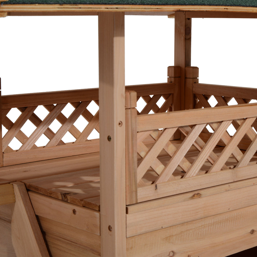 2-Story Wooden Cat House Shelter With Balcony Roof E8880