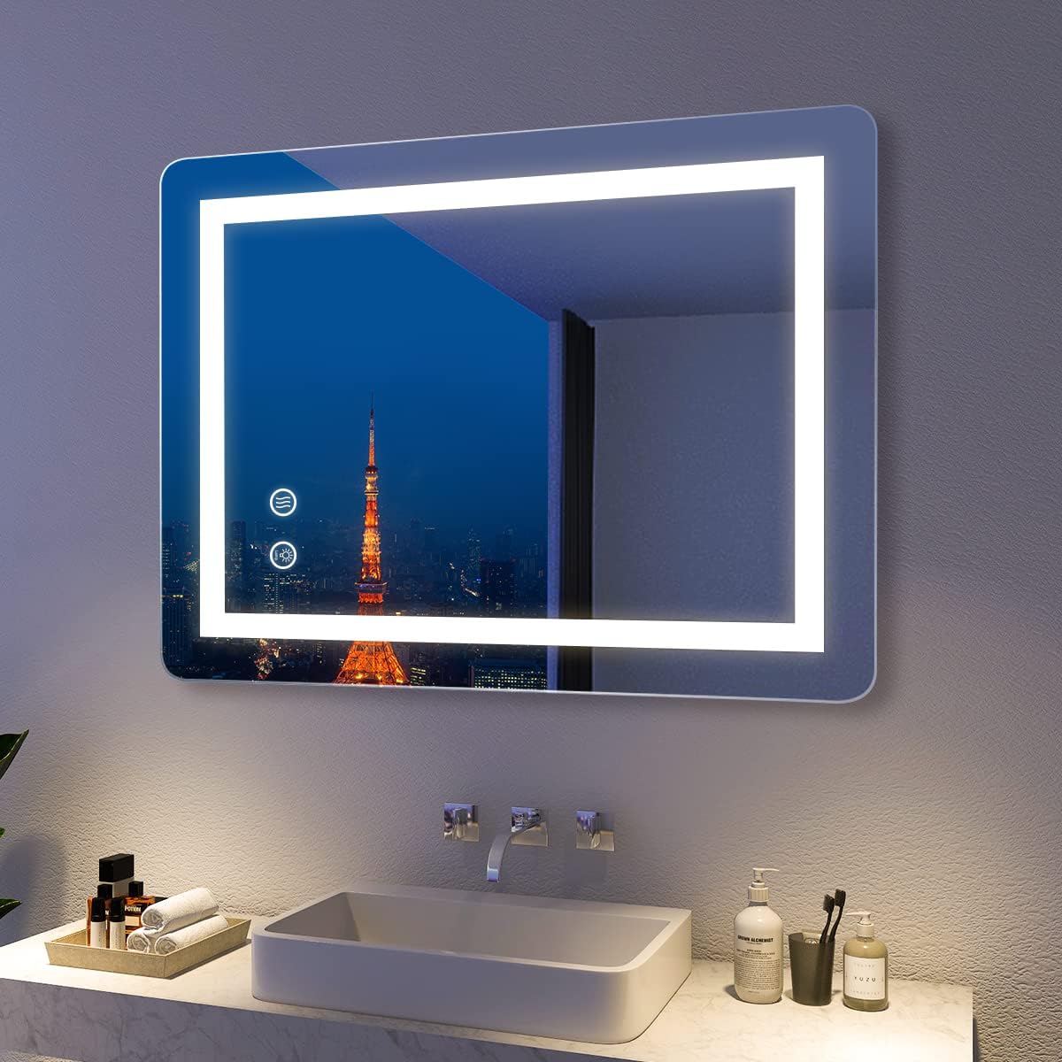 LED Mirror, 24x32 Inch Lighted Bathroom Mirror with Lights, Anti Fog, Dimmable, 3 Lighting Temperature Setting A875