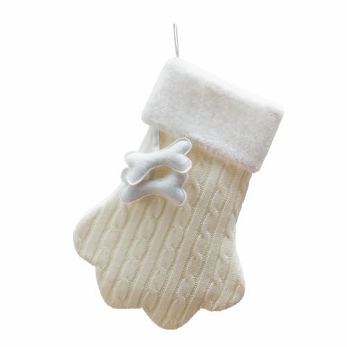 White Knit Cat Paw Christmas Stockings with Faux Fur Cuff S239