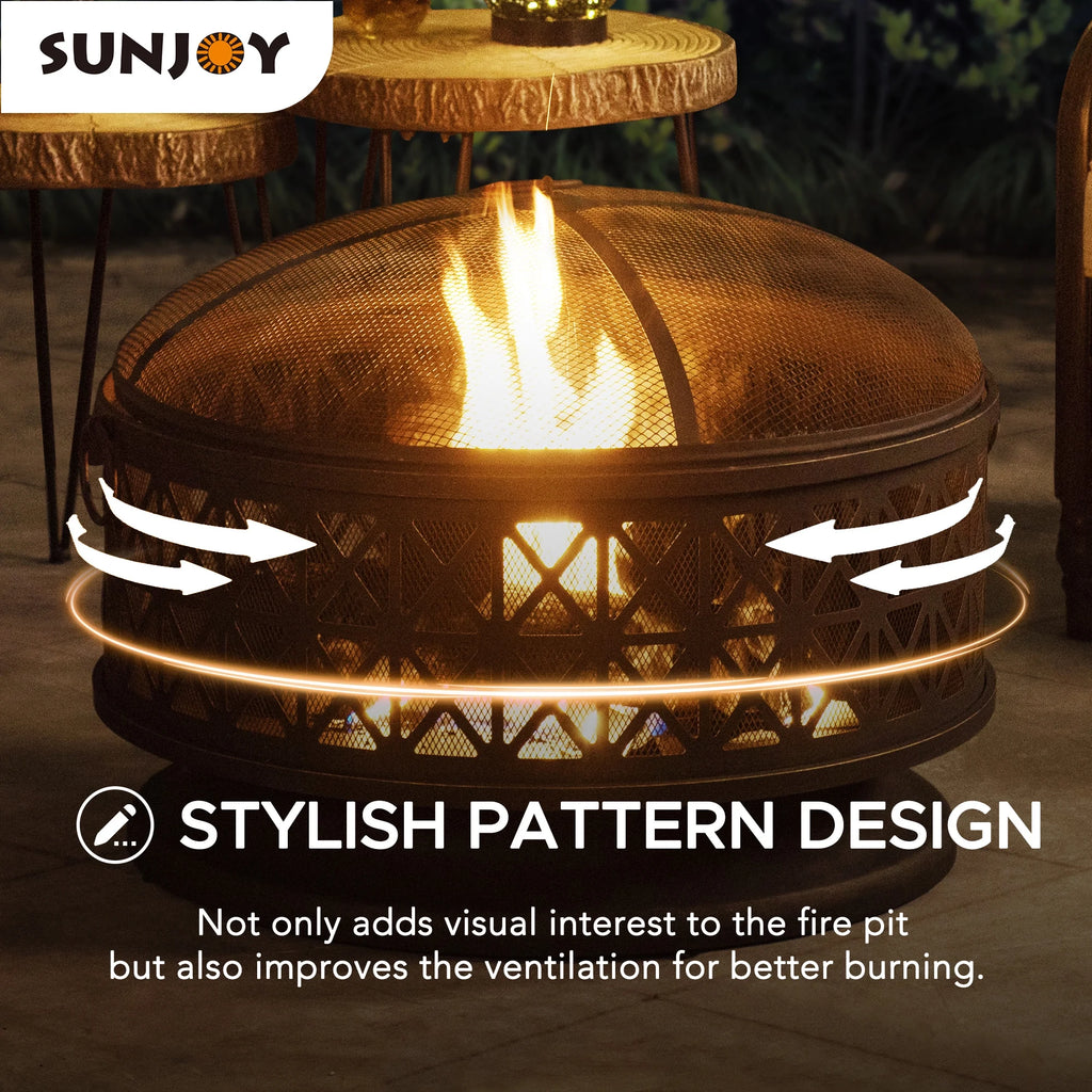 Black Round Steel Outdoor Fire Pit with Spark Screen and Fire Poker Z830