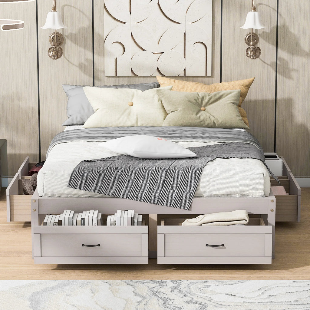 Antique White Wood Queen Size Platform Bed with 6 Drawers W345779