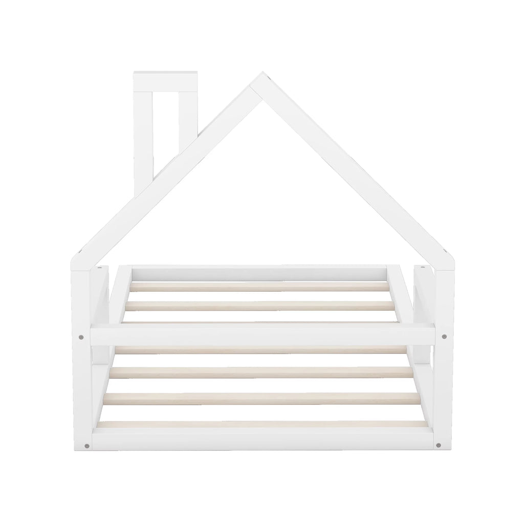 White Twin Size Wood Floor Bed with House-shaped Headboard G181