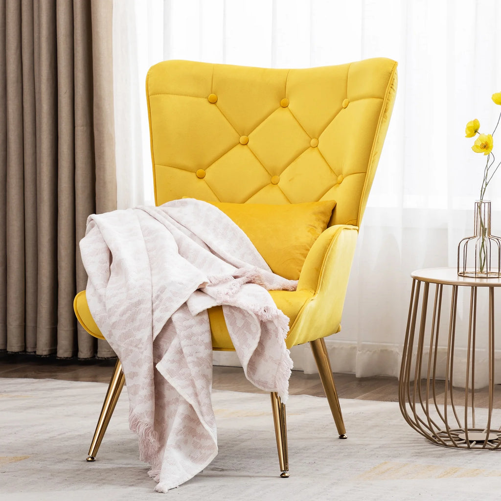 Yellow Velvet Wing Back Accent Chair with Pillow Z82364