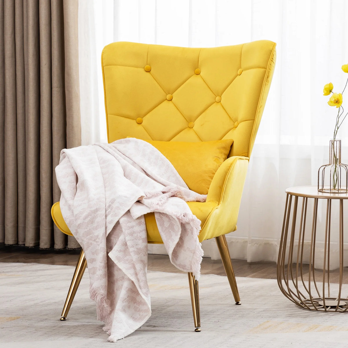 Yellow Velvet Wing Back Accent Chair with Pillow Z82364