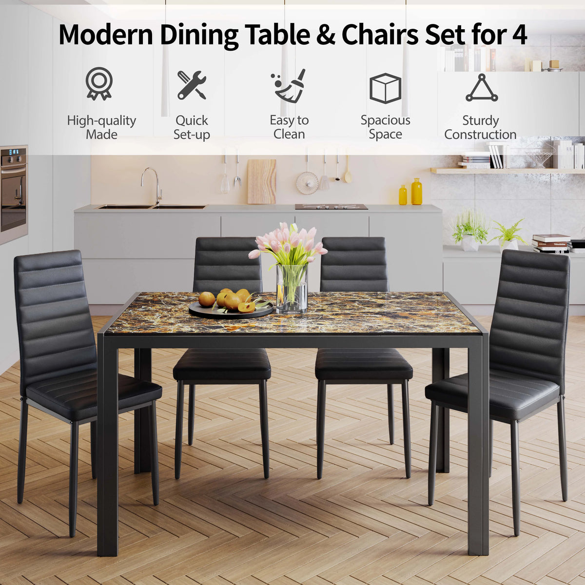 5-Piece Rectangular Kitchen Dining Table Set for 4 Black J72328