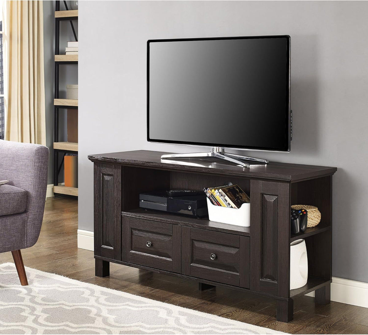 Black 42 Inch Wood TV Stand with Cabinet Doors and Open Shelves N90367