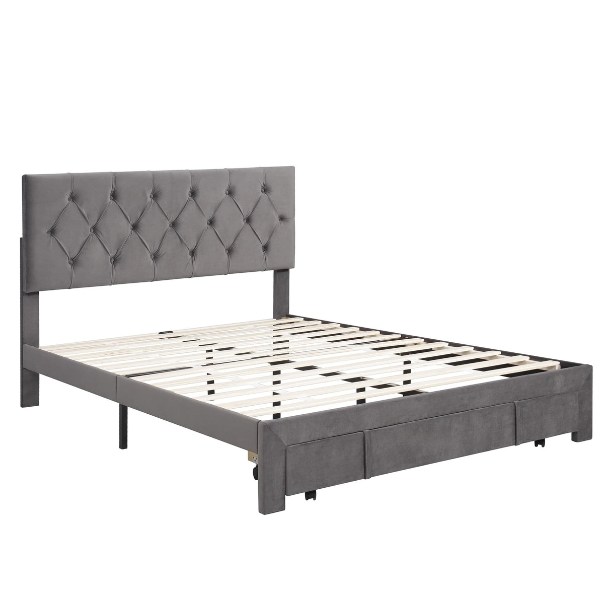 Queen Velvet Tufted Upholstered Platform Bed Frame with Drawers A599