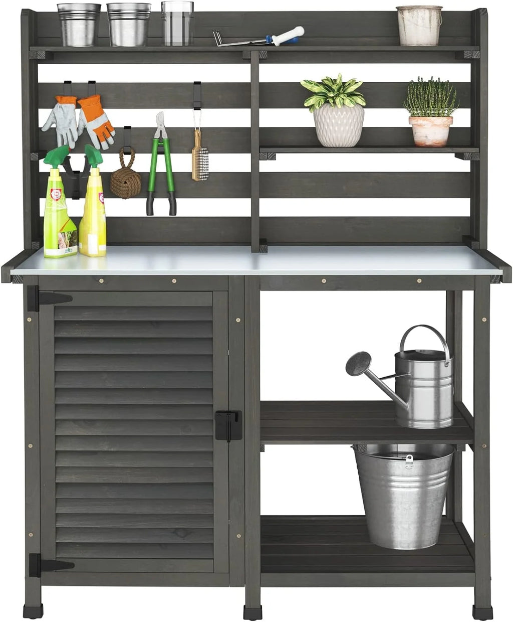 Large Dark Grey Potting Bench Table with Storage Cabinet Shelf F194261