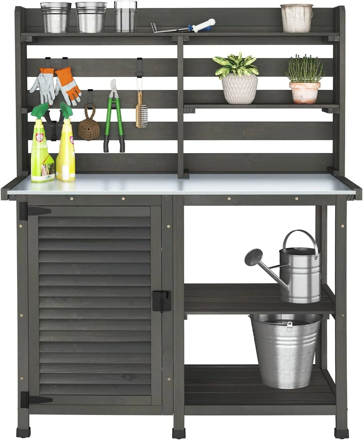 Large Dark Grey Potting Bench Table with Storage Cabinet Shelf F194261