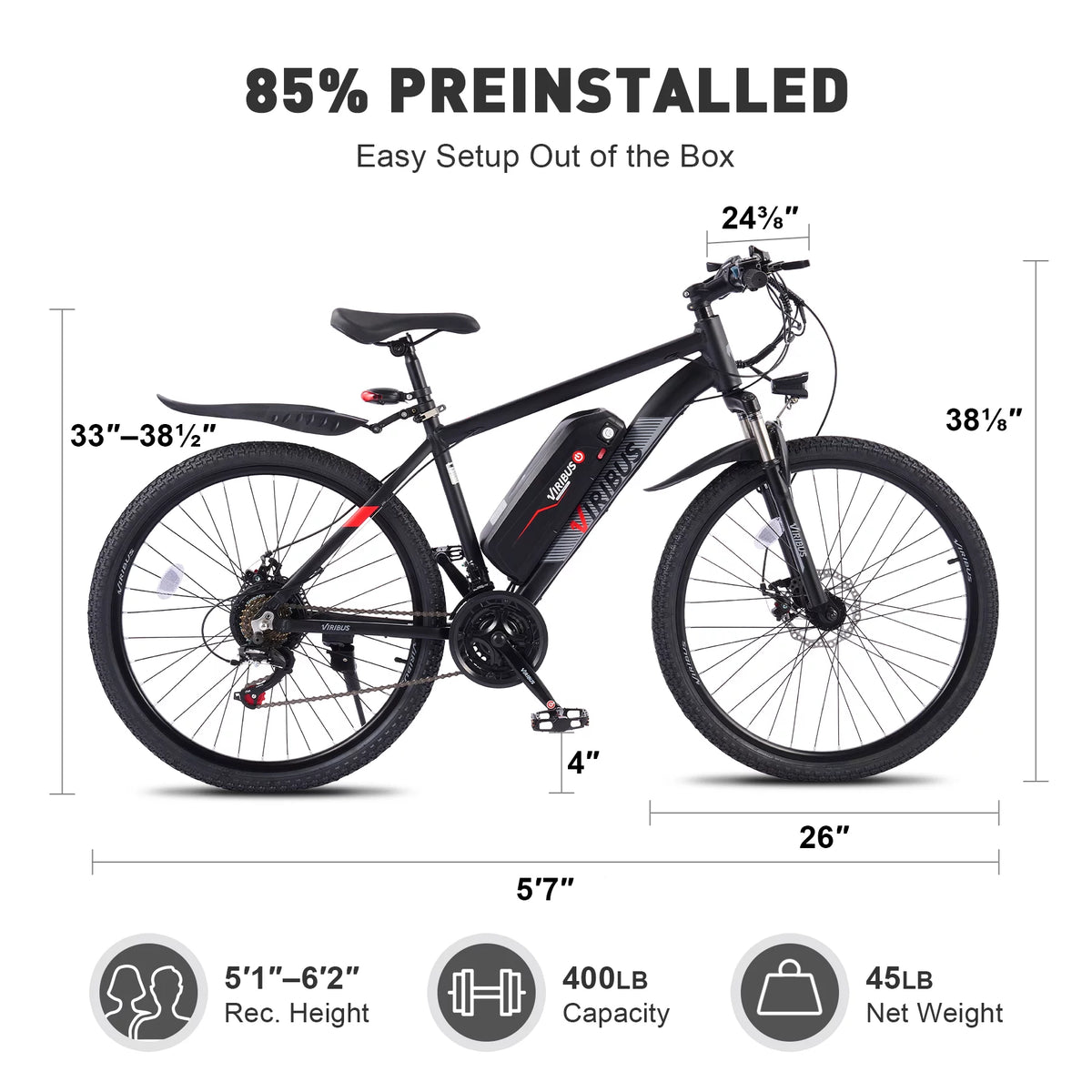Electric Mountain Bicycle 26" 350W 48V Lithium Battery Black S1776