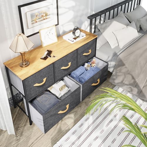 5 Drawer Fabric Storage Dresser with Wooden Top B50342