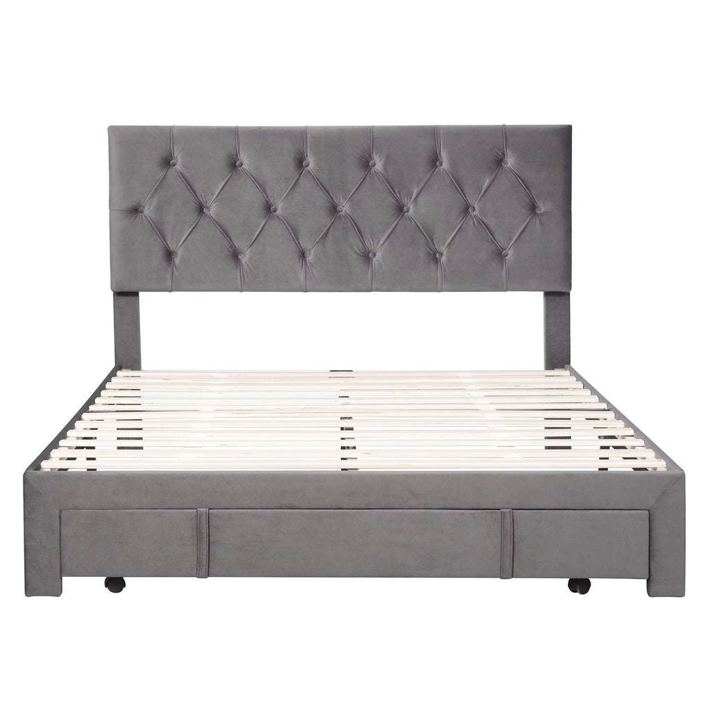 Queen Velvet Tufted Upholstered Platform Bed Frame with Drawers A599