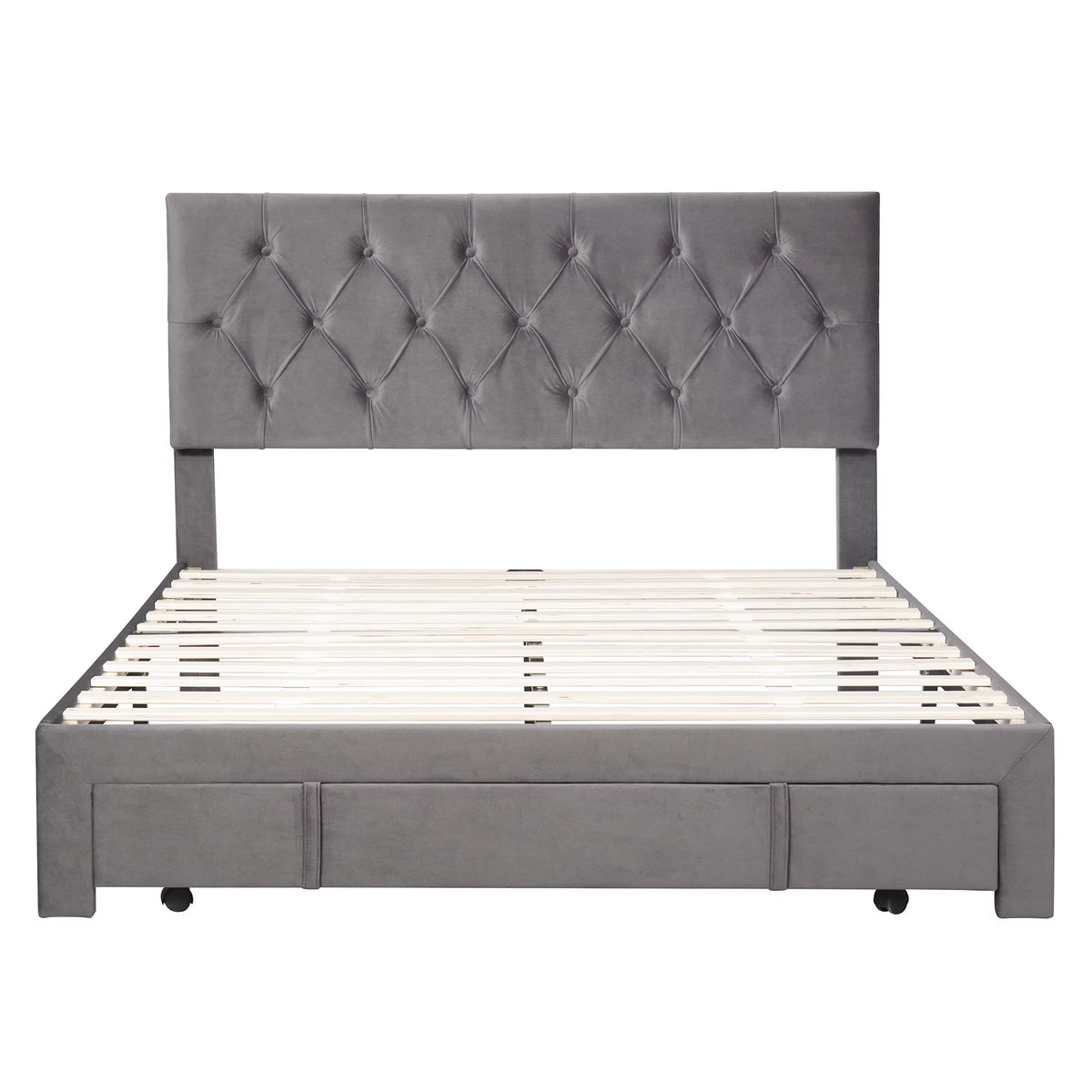 Queen Velvet Tufted Upholstered Platform Bed Frame with Drawers A599