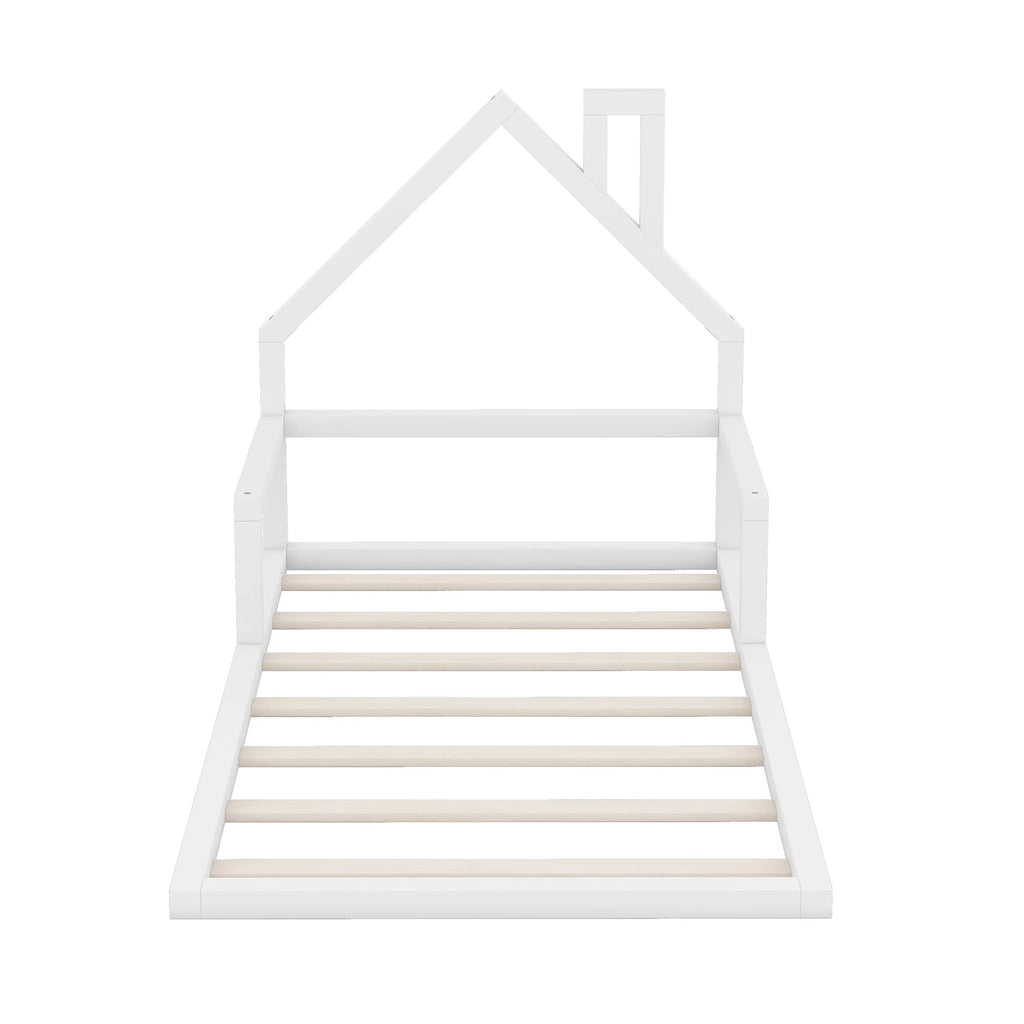 White Twin Size Wood Floor Bed with House-shaped Headboard G181